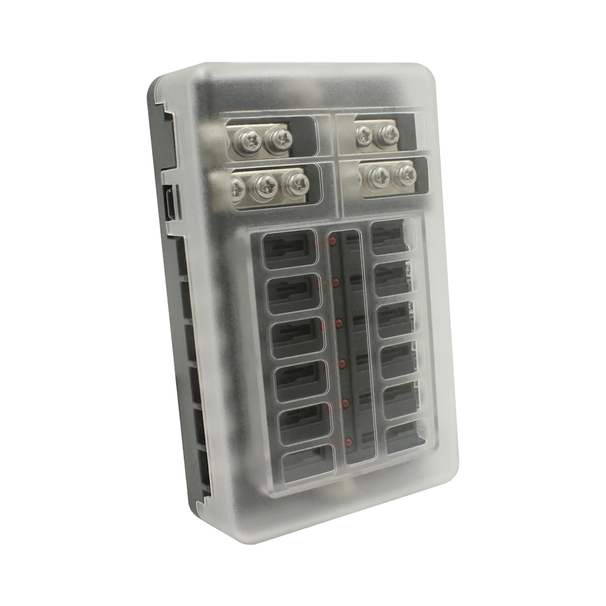 Rekcharge 12 way fuse block in an angled view with its translucent protective cover fitted.