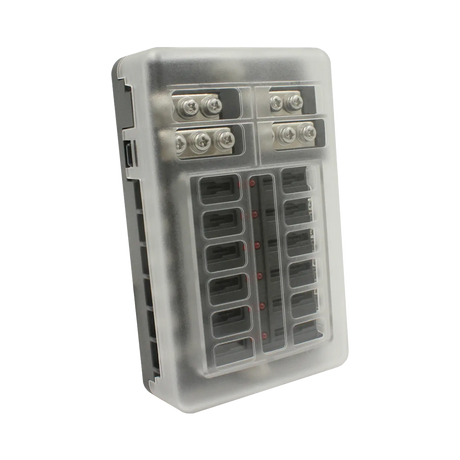 Rekcharge 12 way fuse block in an angled view with its translucent protective cover fitted.