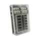 Rekcharge 12 way fuse block in an angled view with its translucent protective cover fitted.