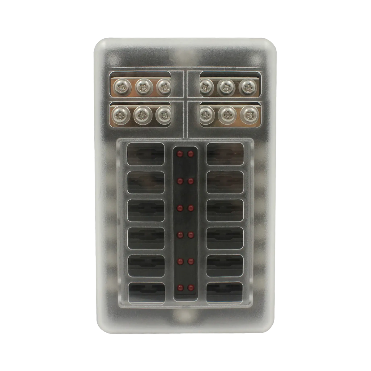 Rekcharge 12 way fuse block front view with fuse slots and LED indicators visible through the cover.