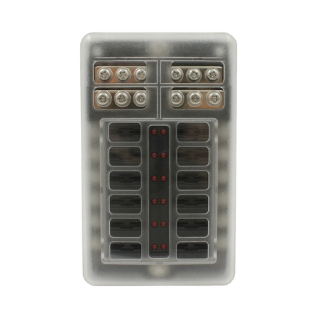 Rekcharge 12 way fuse block front view with fuse slots and LED indicators visible through the cover.