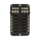 Rekcharge 12 way fuse block front view with twelve empty fuse slots, LED indicators and screw terminals.