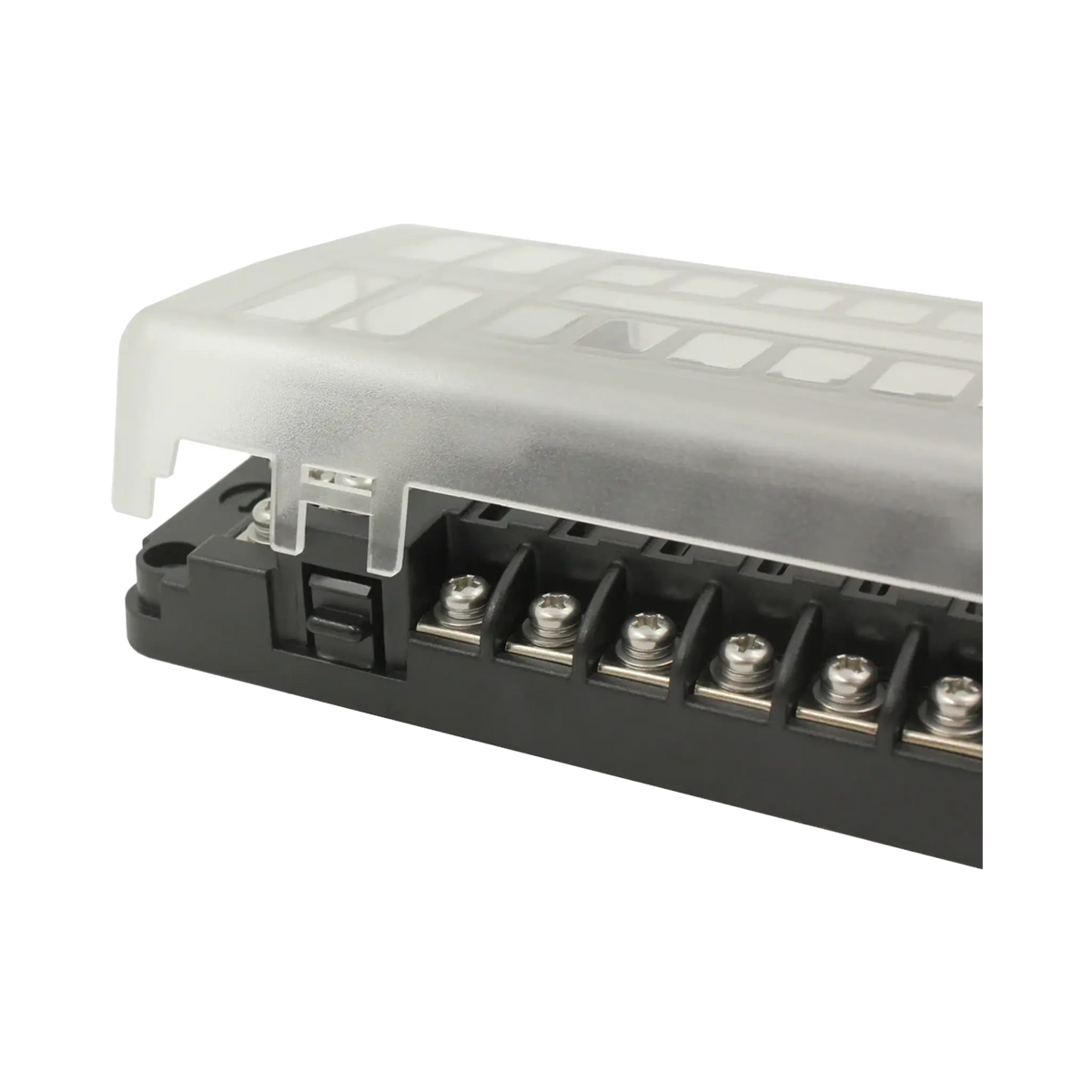 Rekcharge 12 way fuse block close up with its cover lifted above the latch and screw terminals.
