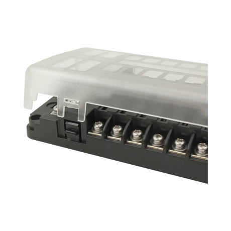 Rekcharge 12 way fuse block close up with its cover lifted above the latch and screw terminals.