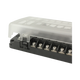 Rekcharge 12 way fuse block close up with its cover lifted above the latch and screw terminals.