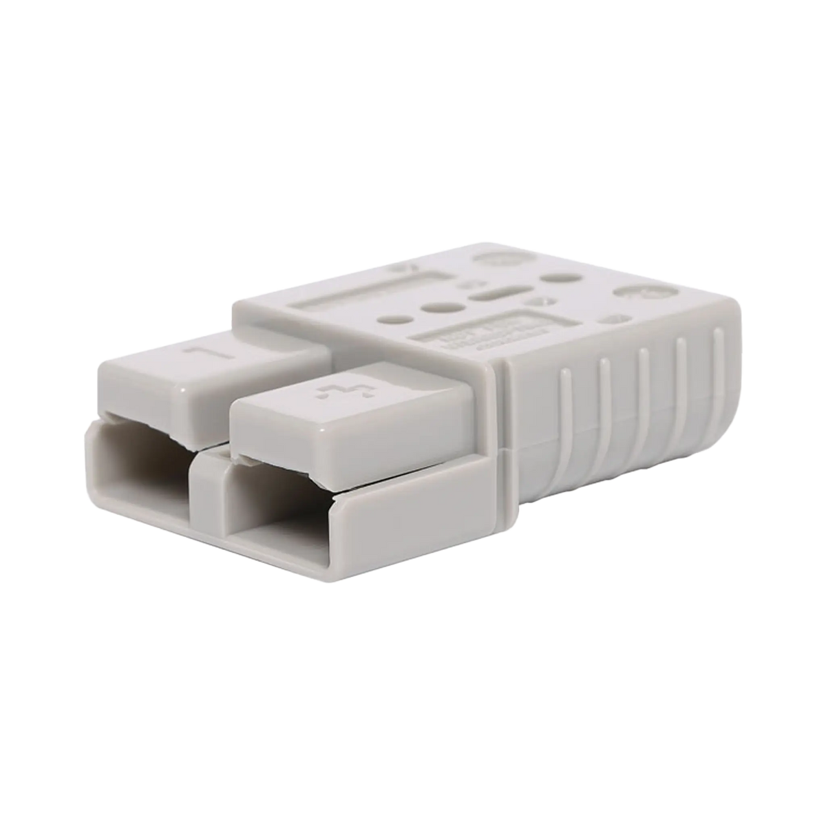 Rekcharge grey 120A Anderson plug in a front right view with the contact openings and polarity markings visible.