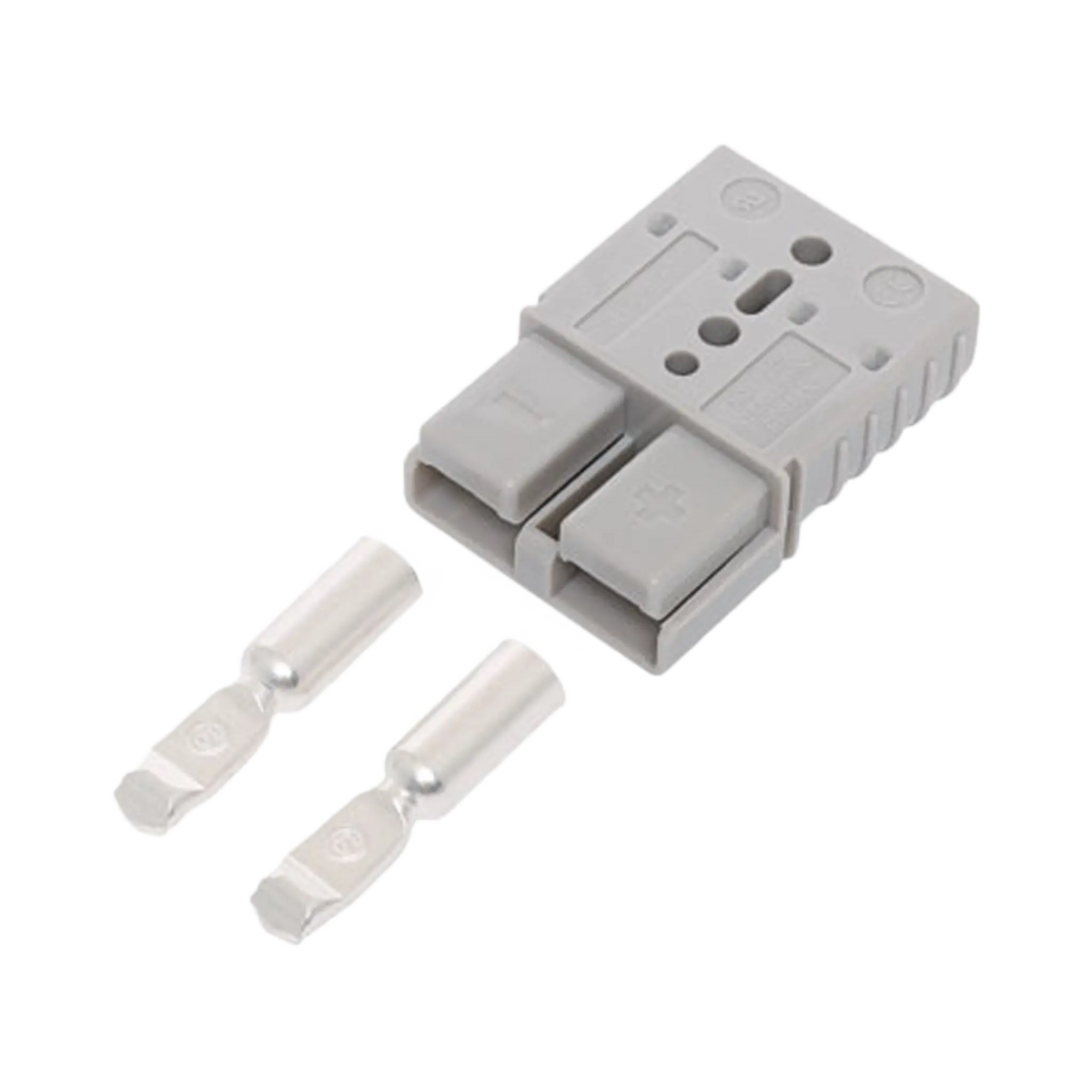 Rekcharge grey 120A Anderson plug with two metal crimp contacts beside the housing.