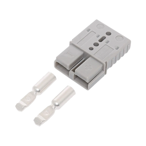 Rekcharge grey 120A Anderson plug with two metal crimp contacts beside the housing.