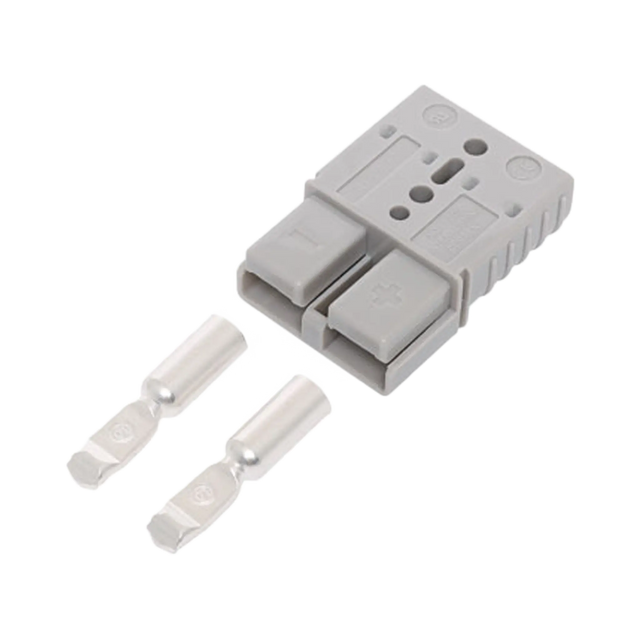 Rekcharge grey 120A Anderson plug with two metal crimp contacts beside the housing.