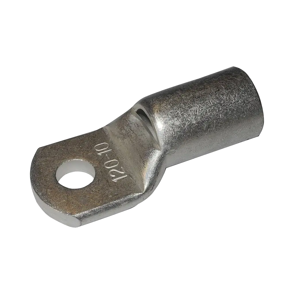 Rekcharge 120mm battery cable lug with a 10mm hole, angled to show its crimp barrel and stamped size.