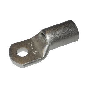 Rekcharge 120mm battery cable lug with a 10mm hole, angled to show its crimp barrel and stamped size.