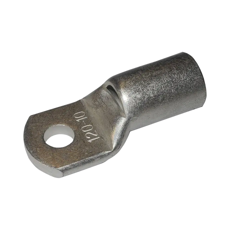Rekcharge 120mm battery cable lug with a 10mm hole, angled to show its crimp barrel and stamped size.