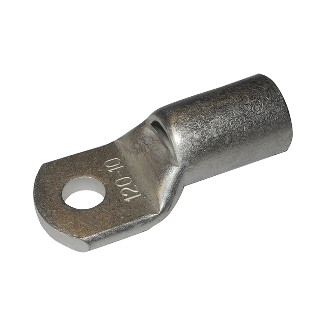 Rekcharge 120mm battery cable lug with a 10mm hole, angled to show its crimp barrel and stamped size.
