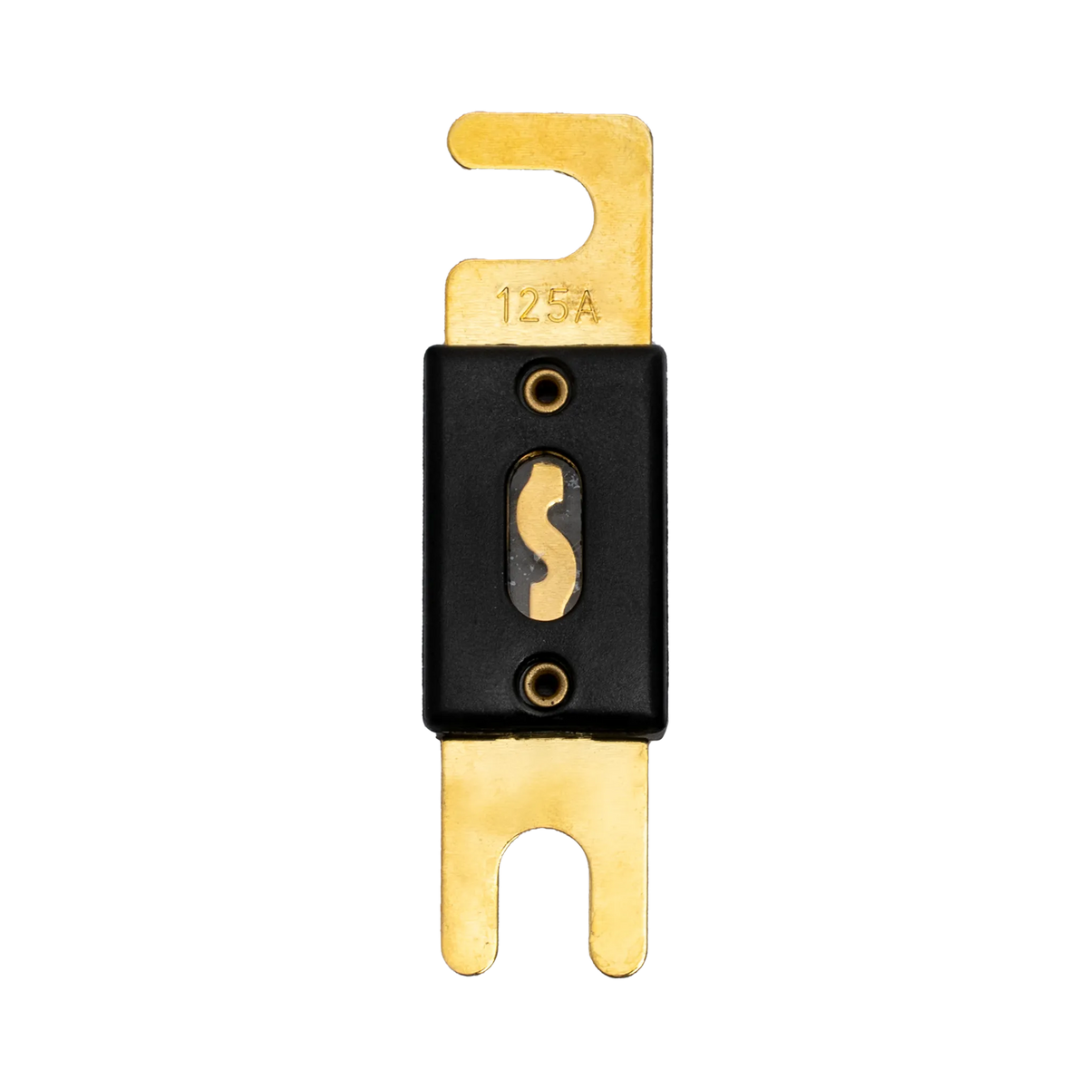Rekcharge 125A ANL fuse straight top view showing the amperage marking, housing and fork terminals.