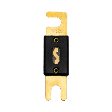 Rekcharge 125A ANL fuse straight top view showing the amperage marking, housing and fork terminals.