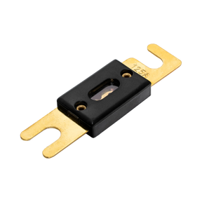 Rekcharge 125A ANL fuse in an angled view with gold fork terminals and black centre housing.