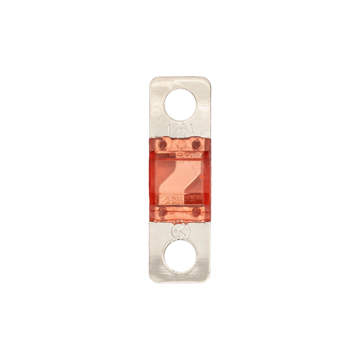 Rekcharge 125A Midi fuse straight top view showing the 125A marking and two circular mounting holes.