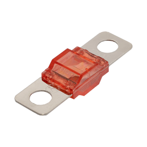 Rekcharge 125A Midi fuse angled view with transparent red housing and two silver mounting tabs.