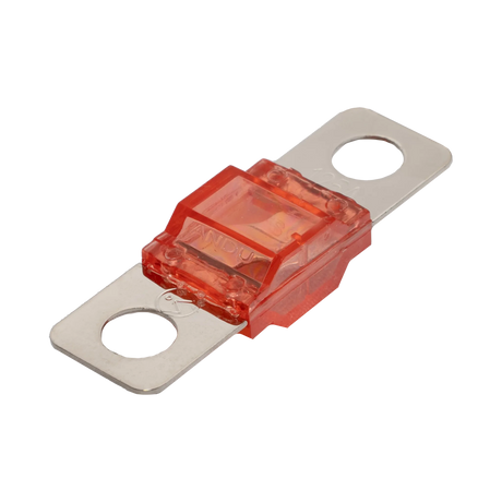 Rekcharge 125A Midi fuse angled view with transparent red housing and two silver mounting tabs.