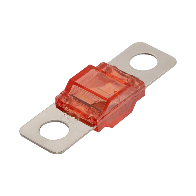 Rekcharge 125A Midi fuse angled view with transparent red housing and two silver mounting tabs.
