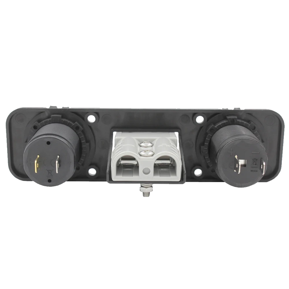 Rekcharge 12V three way flush mount panel rear view with an Anderson plug between two socket bodies.