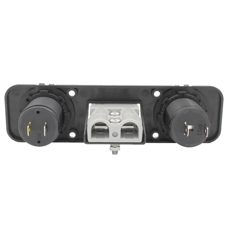 Rekcharge 12V three way flush mount panel rear view with an Anderson plug between two socket bodies.