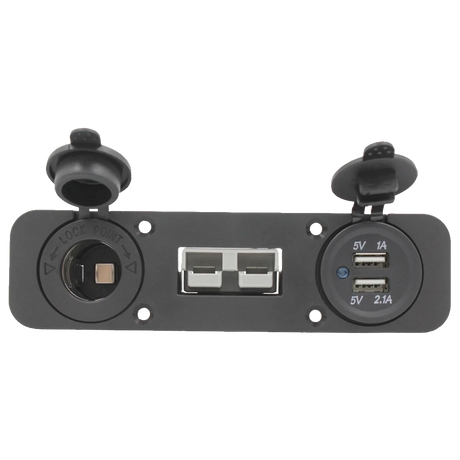 Rekcharge 12V flush mount panel front view with an Anderson plug, twin USB ports and a cigarette lighter socket.