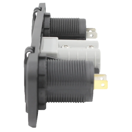 Rekcharge 12V three way flush mount panel side view of the socket bodies, mounting nuts and rear terminals.