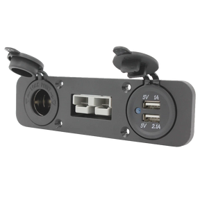 Rekcharge 12V three way flush mount panel angled front view with the socket covers open.