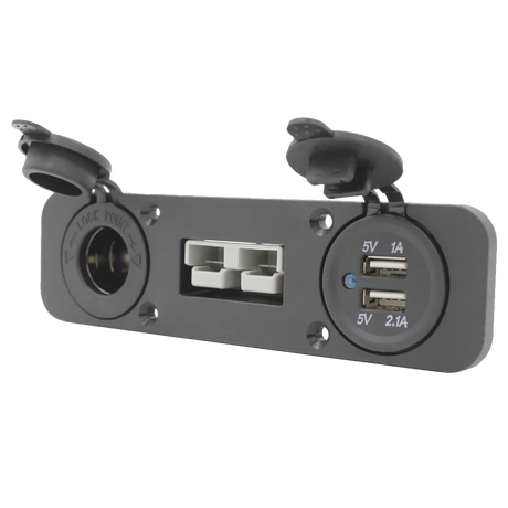 Rekcharge 12V three way flush mount panel angled front view with the socket covers open.