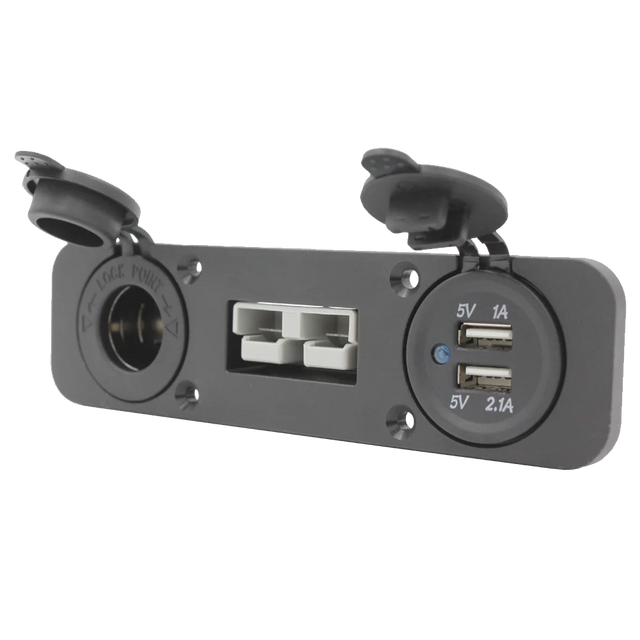 Rekcharge 12V three way flush mount panel angled front view with the socket covers open.