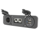 Rekcharge 12V three way flush mount panel angled front view with the socket covers open.