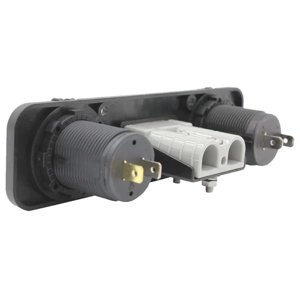 Rekcharge 12V three way flush mount panel angled rear view with threaded sockets and spade terminals.