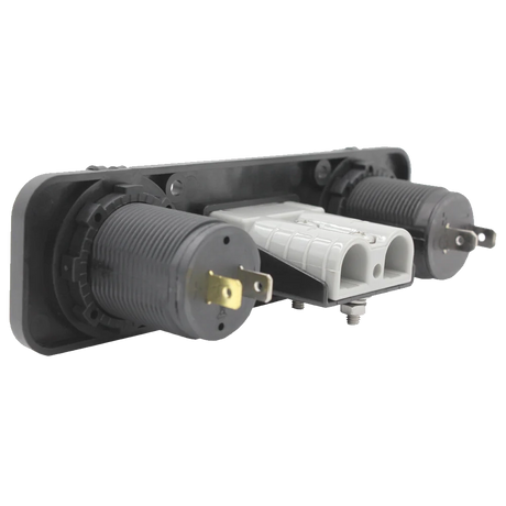 Rekcharge 12V three way flush mount panel angled rear view with threaded sockets and spade terminals.