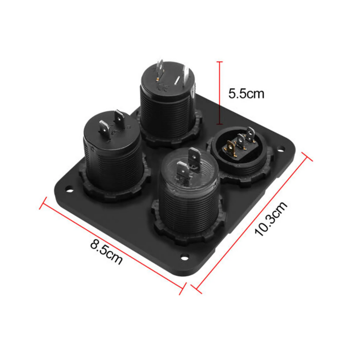 rekcharge-12v-4-way-flush-mount-panel-w-toggle-switch-twin-usbs-cigarette-lighter-socket-voltmeter-illustration