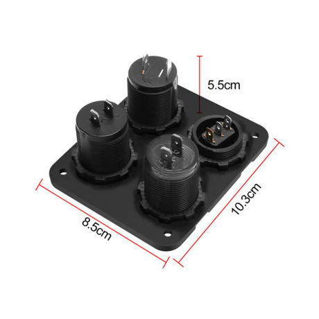 rekcharge-12v-4-way-flush-mount-panel-w-toggle-switch-twin-usbs-cigarette-lighter-socket-voltmeter-illustration