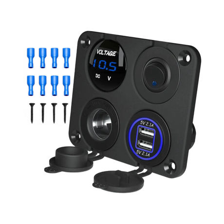 rekcharge-12v-4-way-flush-mount-panel-w-toggle-switch-twin-usbs-cigarette-lighter-socket-voltmeter-kit