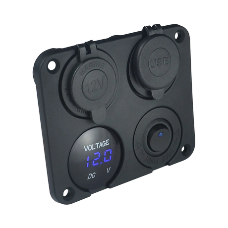 Rekcharge 12V 4-Way Flush Mount Panel with Toggle Switch, Twin USBs, Cigarette Lighter Socket & Voltmeter