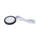 Rekcharge 12V black cool white LED downlight in an angled view with its coiled white lead.