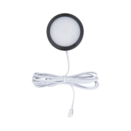 Rekcharge 12V black cool white LED downlight front view with a round diffuser and plug connector.