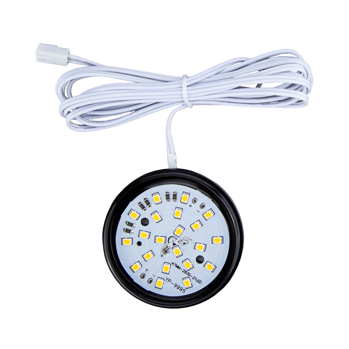 Rekcharge 12V black cool white LED downlight with the diffuser removed to reveal the LEDs.