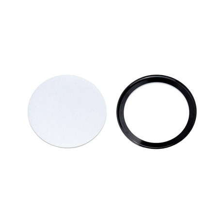 Rekcharge 12V black cool white LED downlight diffuser and black trim ring laid out separately.