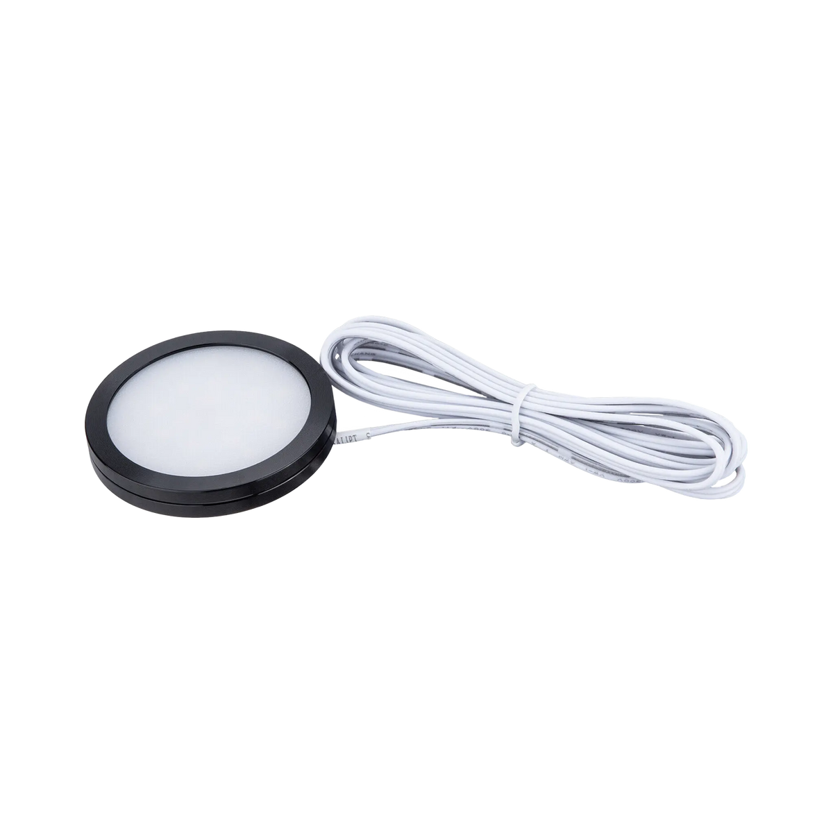 Rekcharge 12V black warm white LED downlight in an angled view with a coiled white lead.