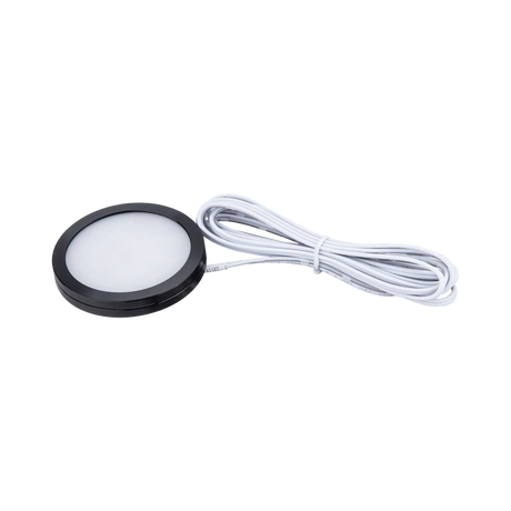 Rekcharge 12V black warm white LED downlight in an angled view with a coiled white lead.