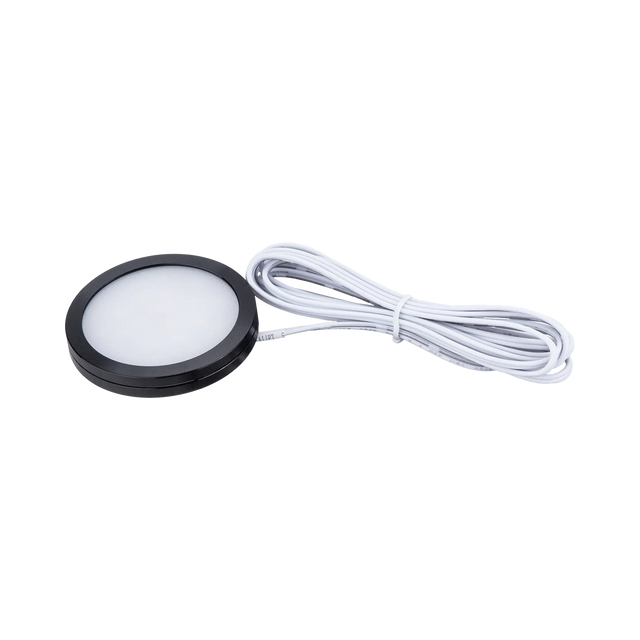 Rekcharge 12V black warm white LED downlight in an angled view with a coiled white lead.