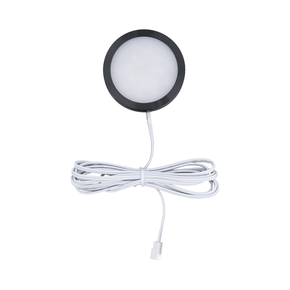 Rekcharge 12V black warm white LED downlight front view with its round diffuser and lead.