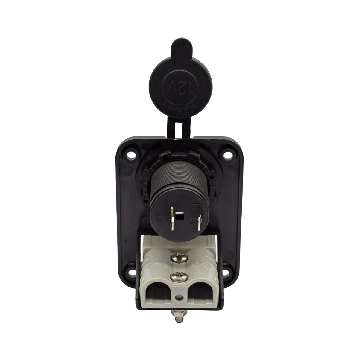 Rekcharge 12V dual flush mount panel rear view with socket terminals and Anderson plug cable entries.