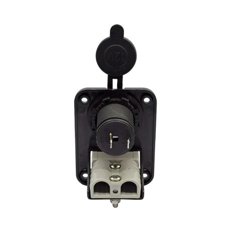 Rekcharge 12V dual flush mount panel rear view with socket terminals and Anderson plug cable entries.