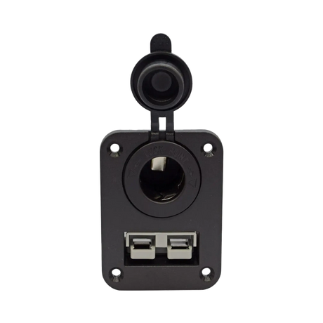 Rekcharge 12V dual flush mount panel front view with the cigarette lighter socket open above the Anderson plug.