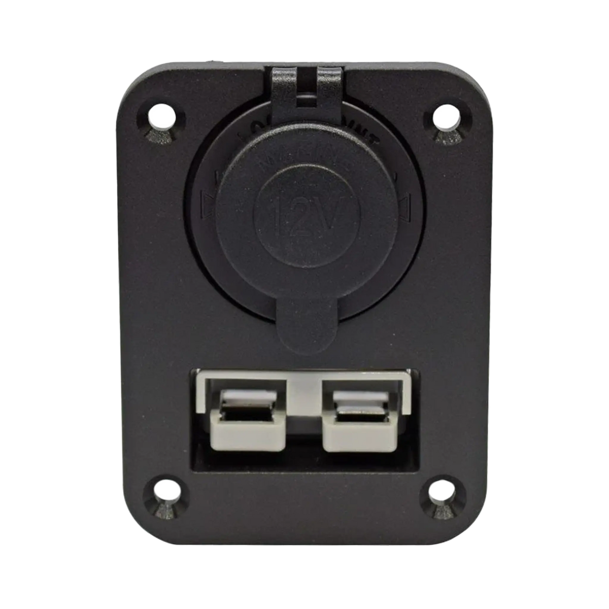Rekcharge 12V dual flush mount panel front view with the socket cap closed above a grey 50A Anderson plug.